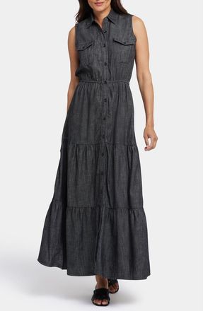 NYDJ Megan Sleeveless Tiered Maxi Dress in Black Rinse at Nordstrom, Size Small