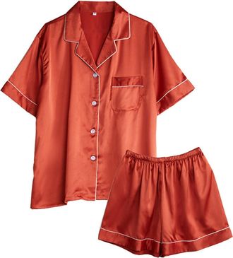 Generic Womens Pyjamas Set Silk Satin - Summer Pjs For Women Sets - Button Up Pyjamas Plus Size Shorts Pyjama Set Silk Ladies Loungewear Sets Uk Sleepwear Sho