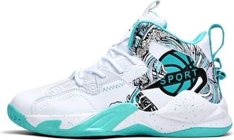 Generic Mens High Top Basketball Shoes with Cushioned Rebounding Durable Leather for Youth Sports Training Boots Walking Shoes(White Green,4.5 UK)