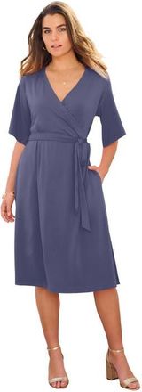 Roaman's Plus Size Short Sleeve Wrap Fit And Flare Dress in Deep Dusk at Nordstrom, Size 28