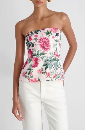 French Connection Christa Print Strapless Peplum Satin Top in Pink Icing at Nordstrom, Size 10