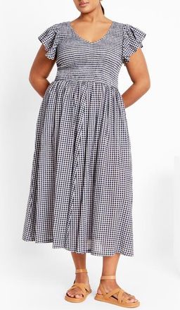 City Chic Laureli Gingham Flutter Sleeve Midi Dress in Navy Check at Nordstrom