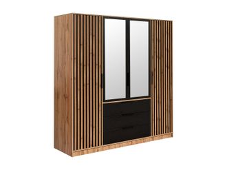 Vente-Unique Armario 4 puertas y 3 cajones - Con espejo - L196 cm - Color: Natural y negro - LIRMADA