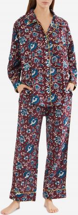 Folkloore Lightweight Cotton Floral Long Pj Set In Burgundy / Petrol Blue