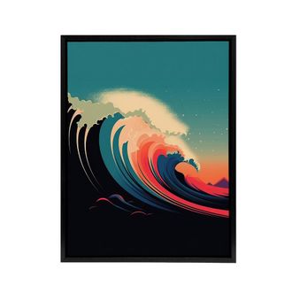 Artery8 Rainbow Colour Surf Wave Ocean Bauhaus Framed Canvas Wall Art Print in Blue | Size: W24 x H32