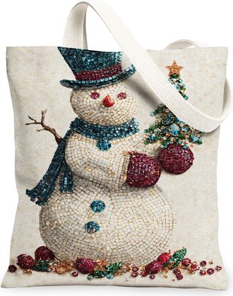 Generic Christmas Snow Man Canvas Tote Bags, Mosaic Design Reusable Grocery Bags, Winter Vintage Lightweight Washable Shoulder Stra, White, 13x15 Inch