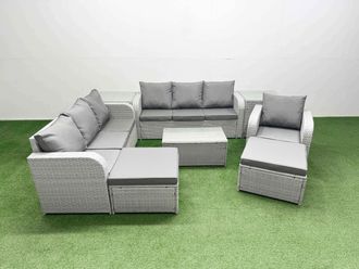 Fimous 9 Seater Poly Rattan Outdoor Garden Furniture Sofa Set Patio 3 Seater Sofa Reclining Chair 3 Seater Sofa 2 Big Footstools 2 Side Table Light