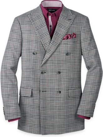 Paul Fredrick Black White Cotton Blend Plaid Double Breasted Peak Lapel Sport Coat