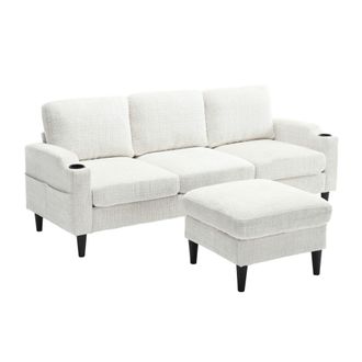 STILVORA Sof&aacute; Esquinero Reversible 4 Plazas En Chenilla Con Puff Cofre, 2 Portavasos Y Bolsillos Laterales, Beige