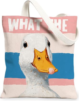 Generic Duck Canvas Tote Bags, Fun Animal Print Reusable Grocery Bags, Summer Quirky Playful Lightweight Washable Shoulder Strap Ca, Peach, 13x15 Inch