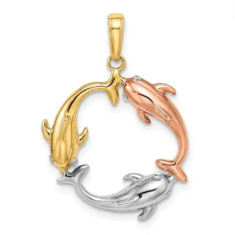 Diamond2Deal 14k Tri-color Gold Triple Dolphin Circle Pendant