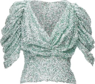 Halpern seafoam green silver sequins deep V puff sleeves top FR36 XS