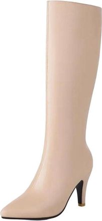 Generic Women Knee High Boots Pointed Toe Low Heel Side Zipper Pu Leather Casual Outdoor Long Boot