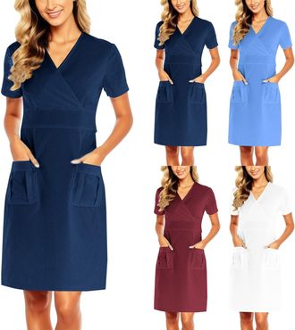 Generic Scrub Dresses for Nurses V Neck Workwear Nursing Uniforms Solid Color Short Sleeve Medical Scrubs Dress with Pockets 2025 Dark Blue XXL