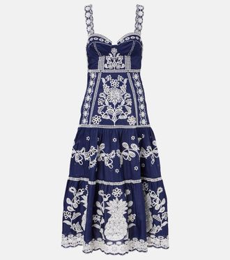 Farm Rio Embroidered cotton midi dress