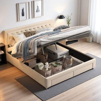OEM Cama Con Cofre 180x200 - Mecanismo Silencioso - Almacenamiento En Caj&oacute;n - Terciopelo Beige - Carga M&aacute;xima 300 Kg