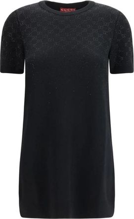 Gucci Fijne wollen jurk met GG kristallen - Dames - Korte kleedjes - Zwart - M - Wol - Kleedjes