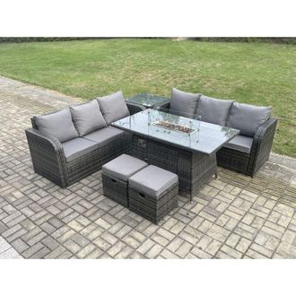 Fimous Rattan Garden Furniture Set with Fire Pit Table 8 Seater Outdoor Patio Lounge Sofa Set Dark Grey Mixed - Fimous
