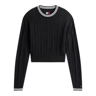 Tommy Jeans Flag Kabel Gebreide Relaxte Jumper - Dames - Ronde hals truien - Zwart - L - Katoen - Truien & Vesten