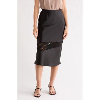 Renee C Satin & Lace Midi Skirt in Black at Nordstrom Rack, Size X-Small