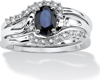 Palm Beach Jewelry 1.05 TCW Oval Sapphire and Diamond Accent Bridal Ring Set in Platinum-plated