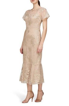 JS Collections Lia Sequin & Embroidery Trumpet Dress in Gold/Beige at Nordstrom Rack, Size 10