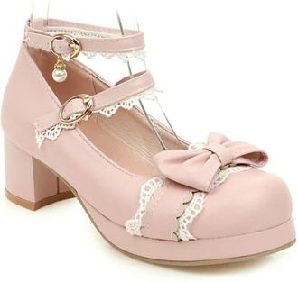 Generic Womens Sweet Lolita Heels Bow & Double Ankle Strap Pumps Block Heel Platform Dress Party Shoes,Pink,7.5 UK