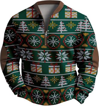 Generic Mens Christmas Jumpers UK, Novelty Nordic Print Pullover, Adult Unisex Festive Colorful & Jolly Plush Tops Funny Xmas Sweatshirtr, Fleece Lined 1/4 Zi