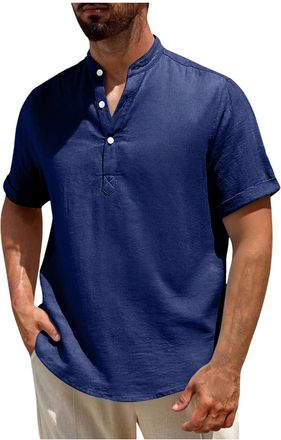 Generic Mens T Shirt Cotton Linen Henley T-Shirts Summer Loose Fit Grandad Collar Shirts Solid Color Long Sleeve Henley Tops Gym Running Workout Tshirt Casual