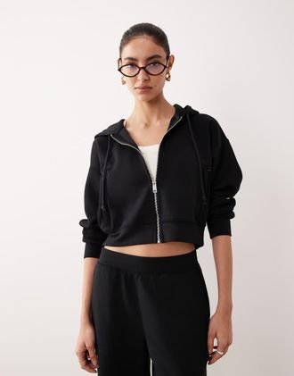 Abercrombie & Fitch YPB - Felpa corta nera in pile con cappuccio e chiusura con zip in coordinato-Nero