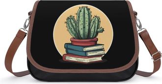 Generic Cactus And Books Crossbody Bag Womens Handbag PU Message Bags Shoulder Purse with Adjustable Strap