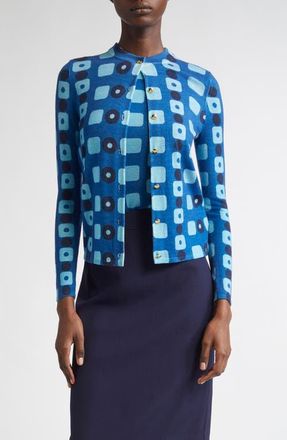 St. John Geo Print Wool Cardigan in Cobalt Classic Beige at Nordstrom, Size X-Small