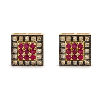 House of Brilliance 10K Yellow Gold Red Ruby and 1 1/4 Cttw Champagne Diamond Square Motif Stud Earrings