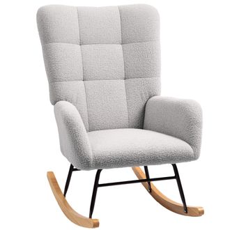 HOMCOM Homcom Silla Mecedora, Tapizado De Terciopelo Teddy, Sill&oacute;n Mecedora Con Reposabrazos, Acolchado Grueso, Patas De Madera, Respaldo Alto, Gris Claro
