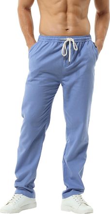 Hoerev Men Casual Beach Trousers Linen Trousers Pants, Lightblue, M