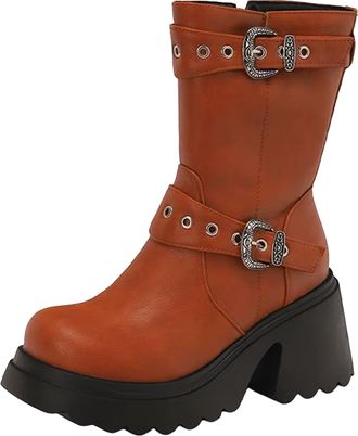 Generic Womens Stylish Mid Calf Boots Round Toe Super High Chunky Heel Platform With Side Zipper For A Modern Look