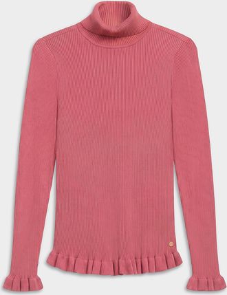 Cream Womens Ruffled trim ribbed turtleneck sweater