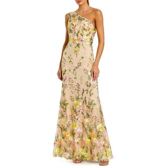 Mac Duggal Petite One Shoulder Lace Embroidered Gown in Yellow Multi at Nordstrom, Size 10P