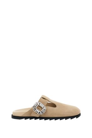 Roger Vivier Pointed Toe Slip-On Sandals with Ornate Silver Buckle