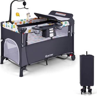 Costway Costway - Cuna De Viaje Convertible 5 En 1 Con Cambiador, Bolsillo De Almacenamiento, Centro De Guarder&iacute;a Para Beb&eacute;s, Juguetes Colgantes, Cuna Ajustab