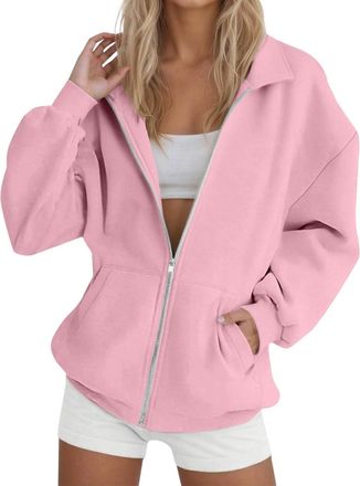 Generic Keepink Fleece Jacket Women Zip Front Sweatshirt Without Hood Plain Collared Tops Autumn Winter Coat Light Weight Outwear Casual Modern Cover Up for G
