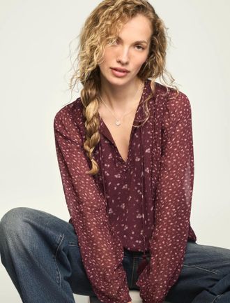 Lucky Brand Womens Print Mix Long Sleeve Peasant Top