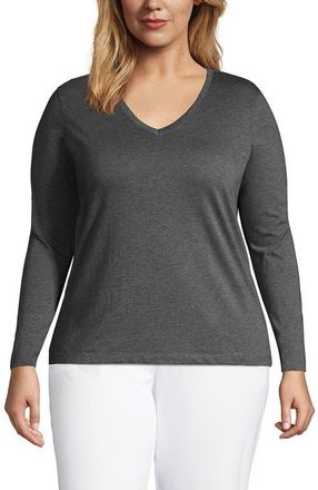 Lands End Plus Size Supima Cotton Long Sleeve V-Neck T-Shirt in Charcoal Heather at Nordstrom, Size 3X