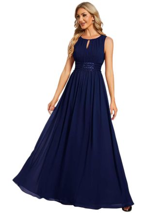 Ever-pretty Womens Crew Neck Sleeveless A Line Hollow Out Pleated Maxi Fromal Dress Navy Blue 16