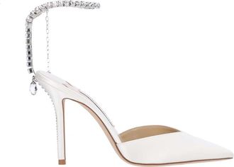 Jimmy Choo London White High-Heeled Pumps with Rhinestone Ankle Strap