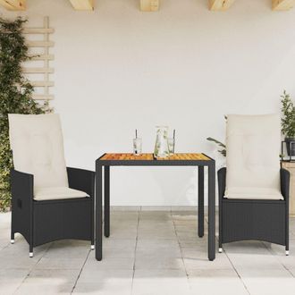 vidaXL Mesa Y Sillas Con Cojines 3 Pzas Rat&aacute;n Sint&eacute;tico Y Acacia Negro Vidaxl