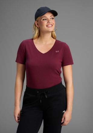 H.I.S T-Shirt H.I.S, Damen, Gr. 40/42, rot (bordeaux), Obermaterial: 95% Baumwolle, 5% Elasthan, figurumspielend h&uuml;ftbedeckend, V-Ausschnitt, Shirts T-Shirt