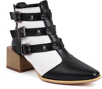 Generic Womens Ankle Boots Patchwork Denim Lace Multi Buckle Pointed Toe Block Heels Comfortable Non Slip Durable for Party Night Out Street Fashion,Black Whi