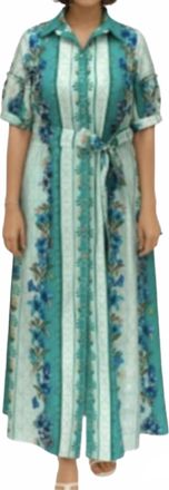 Celina Moon Short Sleeve Striped Floral Maxi Dress In Green Multi