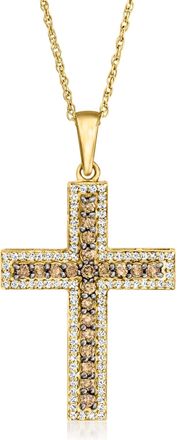 Ross-Simons Brown and White Diamond Cross Pendant Necklace in 18kt Gold Over Sterling
